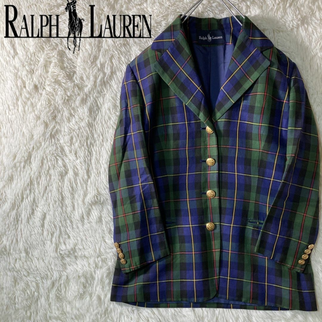 Ralph Lauren(ラルフローレン)の美品 ラルフローレン 金ボタン リネン チェック テーラードジャケット 11 L レディースのジャケット/アウター(テーラードジャケット)の商品写真