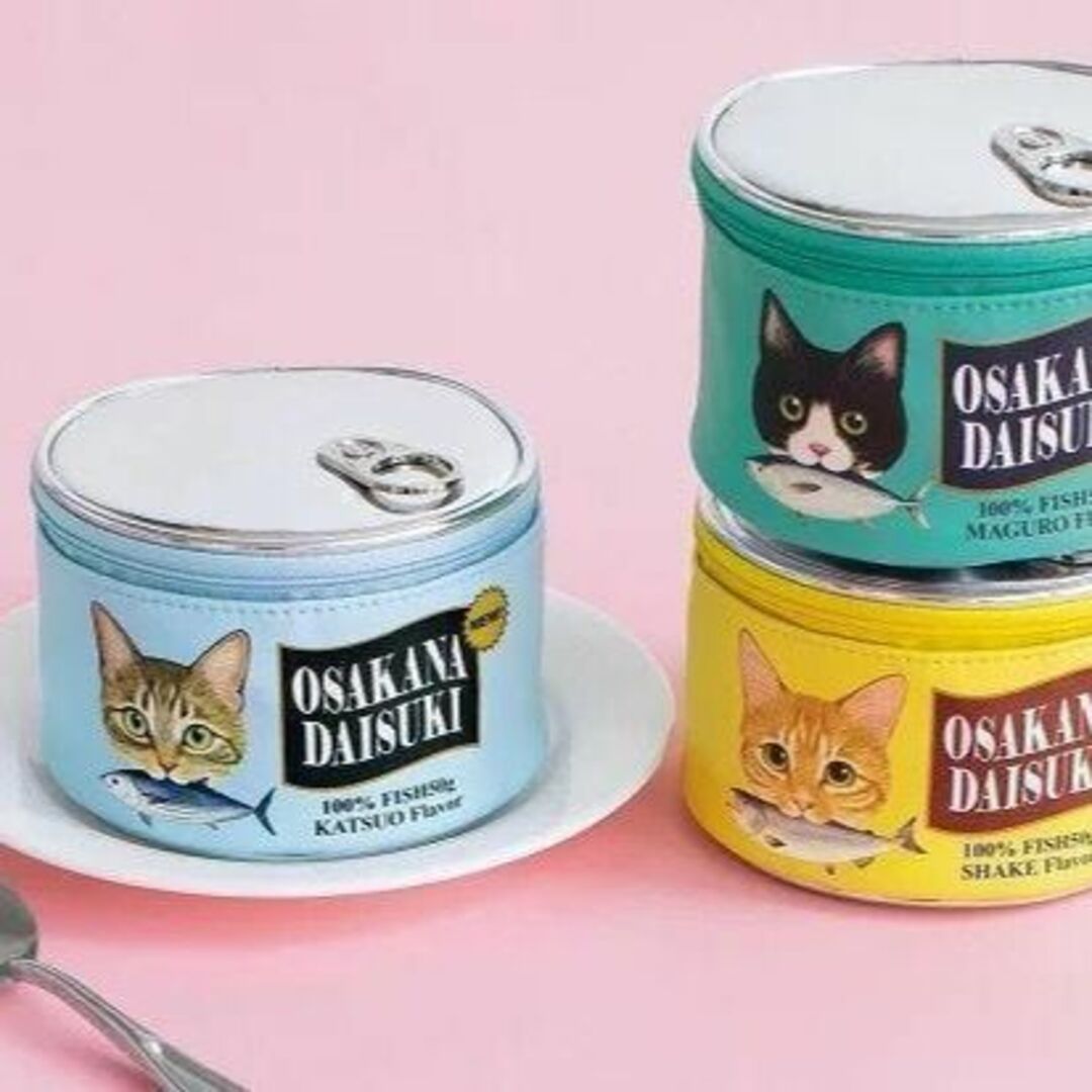 ✨大人気✨新品 猫 缶 ポーチ 缶詰モチーフ グリーン ラウンド 化粧 グッズ レディースのファッション小物(ポーチ)の商品写真