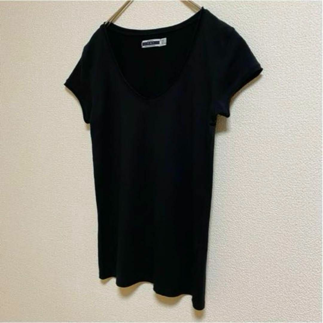 ZARA(ザラ)のst338 ZARA TRF 美品 半袖 カットソー トップス 黒 無地 伸縮性 レディースのトップス(カットソー(半袖/袖なし))の商品写真