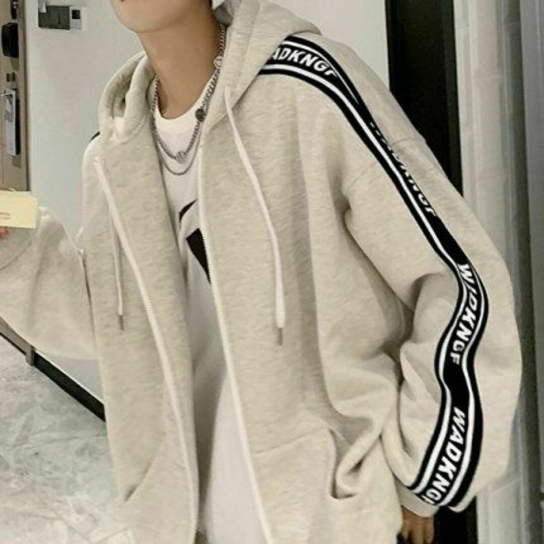 韓国 メンズ 袖ロゴ ジップ パーカー 長袖 ホワイト メンズのトップス(パーカー)の商品写真