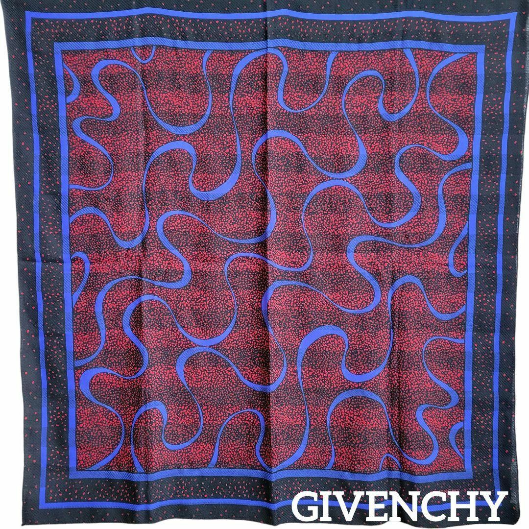 GIVENCHY(ジバンシィ)の【美品】GIVENCHY ショール 104×104 ウールスカーフ 黒赤青 レディースのファッション小物(マフラー/ショール)の商品写真