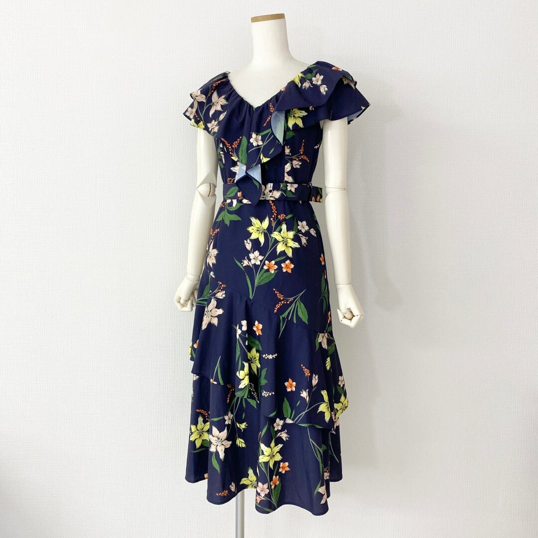 GRACE CONTINENTAL - 33A14 GRACE CONTINENTAL グレースコンチネンタル ノースリーブフラワープリントフリルドレス 36 ネイビー ワンピース 花柄 春夏