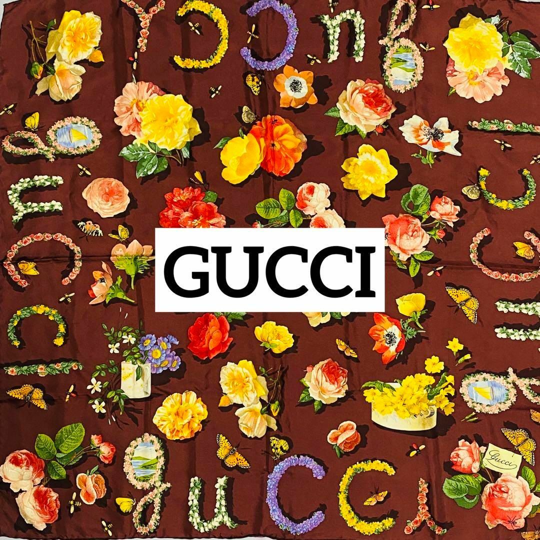 ★GUCCI★ スカーフ 大判 花 昆虫 ロゴ シルク ブラウン