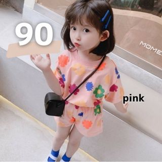 キッズ 花柄 セットアップ 女の子 90 半袖 トップス ズボン 夏服 子供服(Tシャツ/カットソー)