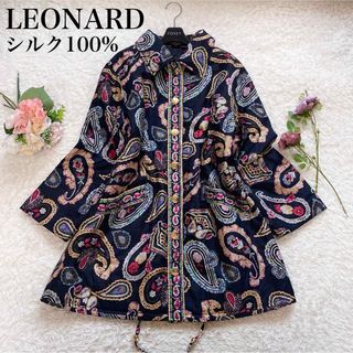 レオナール(LEONARD)の【美品】レオナール シルク100% ゆったり 中綿コート ブラック 9ＡＲ M(ロングコート)