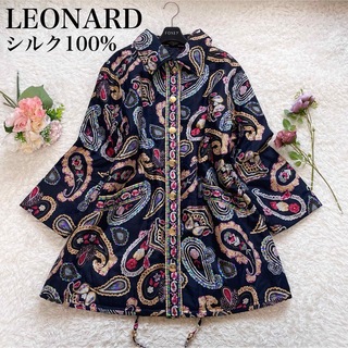 レオナール(LEONARD)の【美品】レオナール シルク100% ゆったり 中綿コート ブラック 9ＡＲ M(ロングコート)