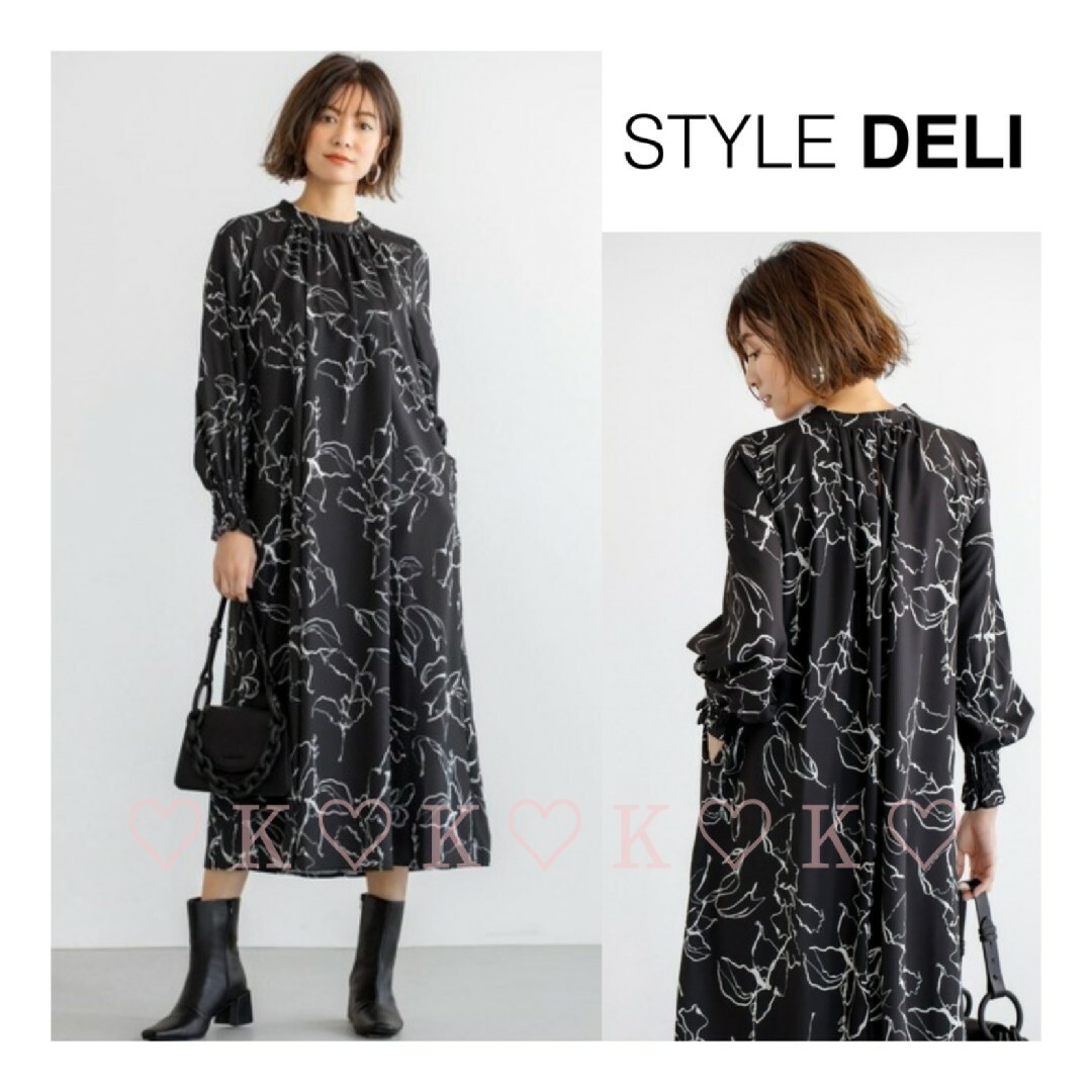 STYLE DELI(スタイルデリ)のSTYLE DELI＊ラインフラワー柄ギャザーロングワンピース レディースのワンピース(ロングワンピース/マキシワンピース)の商品写真