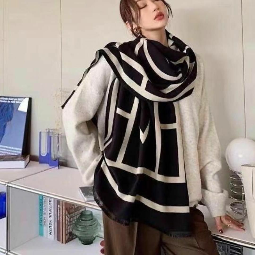 ストール マフラー モノトーン カシミア ブラック レディース ホワイト 韓国 レディースのファッション小物(ストール/パシュミナ)の商品写真