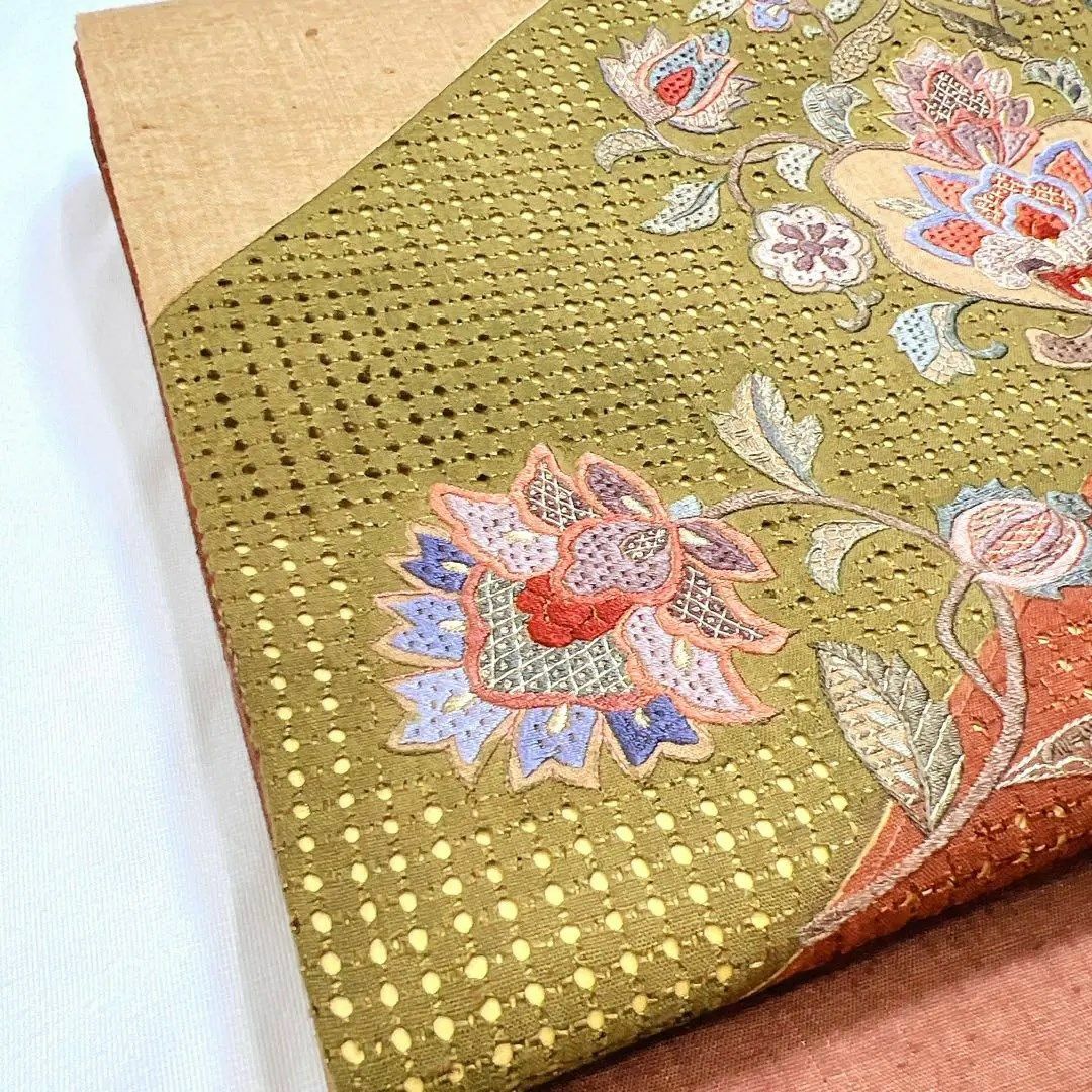 紬地にスワトウ刺繍の袋帯　着物　洒落帯　113wサイズ長さ約444幅31