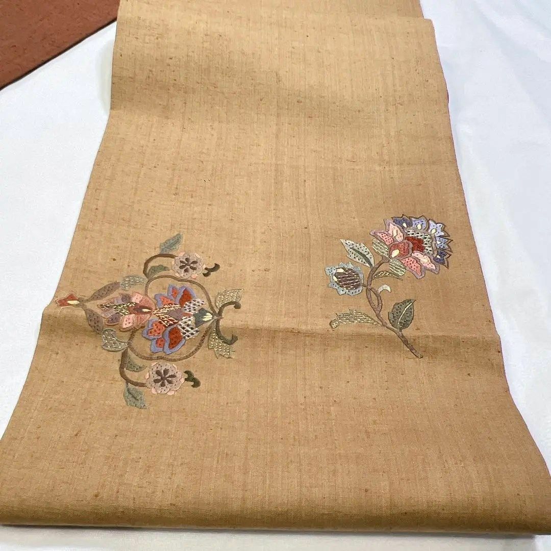 紬地にスワトウ刺繍の袋帯　着物　洒落帯　113wサイズ長さ約444幅31