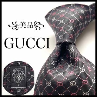 グッチ(Gucci)の꧁美品꧂ グッチ ネクタイ マイクロ GG柄 クレスト ブラック ピンク 光沢(ネクタイ)