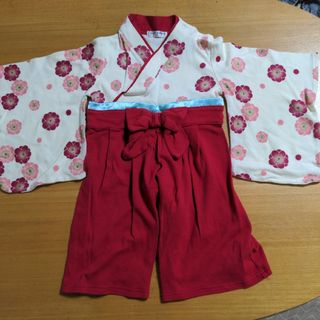 ロンパース　袴　着物　サイズ90cm 赤　花柄(和服/着物)