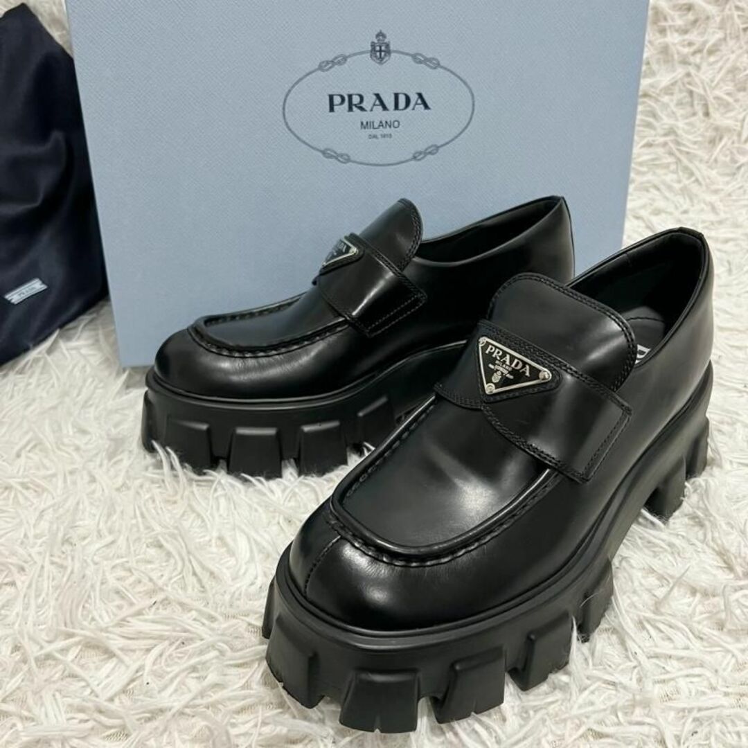 115cmヒール美品　PRADA　モノリス　ローファー　ブラッシュドレザー　厚底　ブラック