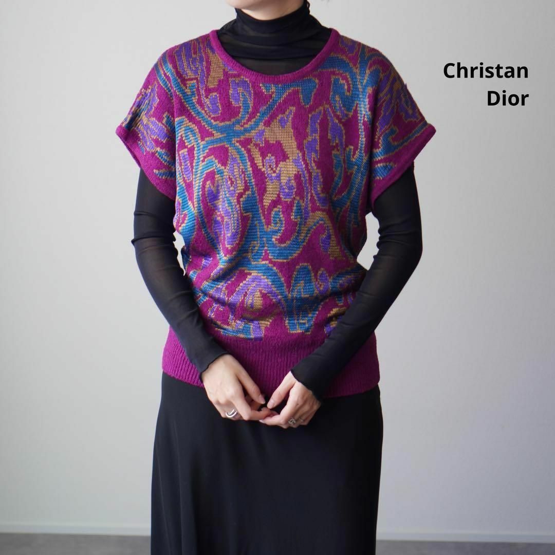 Christian Dior(クリスチャンディオール)の希少 Christian Dior ディオール ニットベスト 総柄 シルク混 M レディースのトップス(カットソー(半袖/袖なし))の商品写真