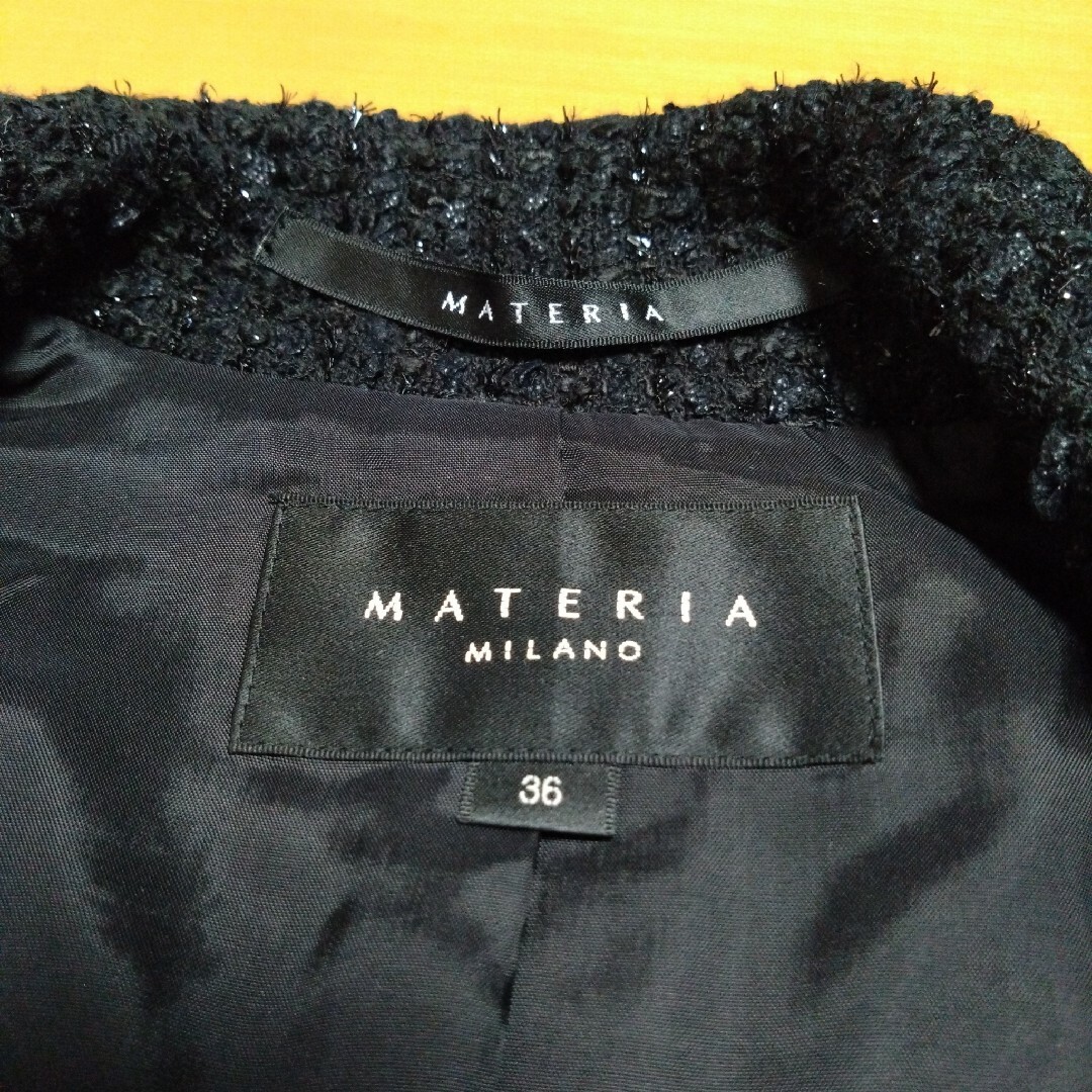 MATERIA(マテリア)の美品☆マテリア☆ジャケット☆ラメ☆ブラック☆フリル☆３６☆Ｓ レディースのジャケット/アウター(テーラードジャケット)の商品写真