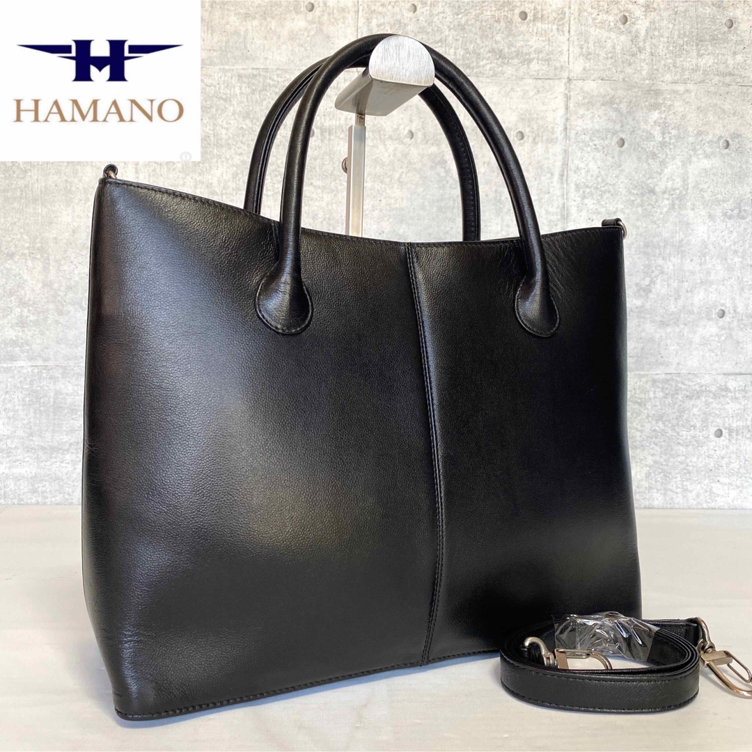 【良品】HAMANO 濱野皮革工藝 レザー ブラック A4 2WAYハンドバッグ