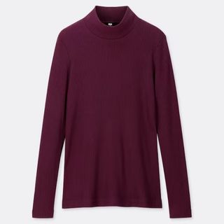 ユニクロ(UNIQLO)の【美品】UNIQLO ユニクロリブハイネックT（長袖）　パープル　紫(Tシャツ(長袖/七分))