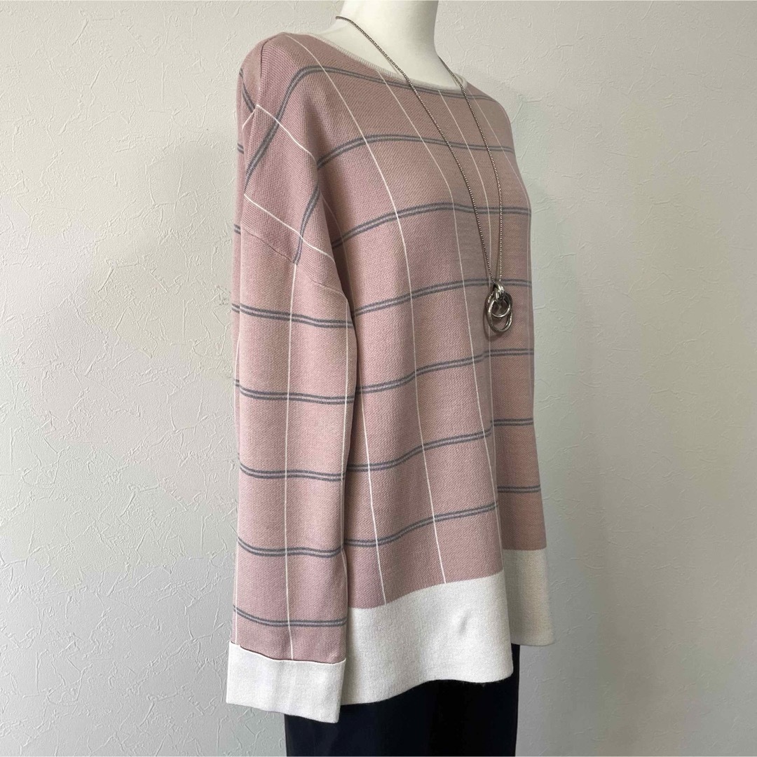 大きいサイズ 配色デザイン ニット LL ピンク レディースのトップス(ニット/セーター)の商品写真