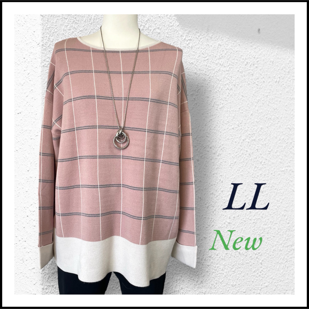 大きいサイズ 配色デザイン ニット LL ピンク レディースのトップス(ニット/セーター)の商品写真