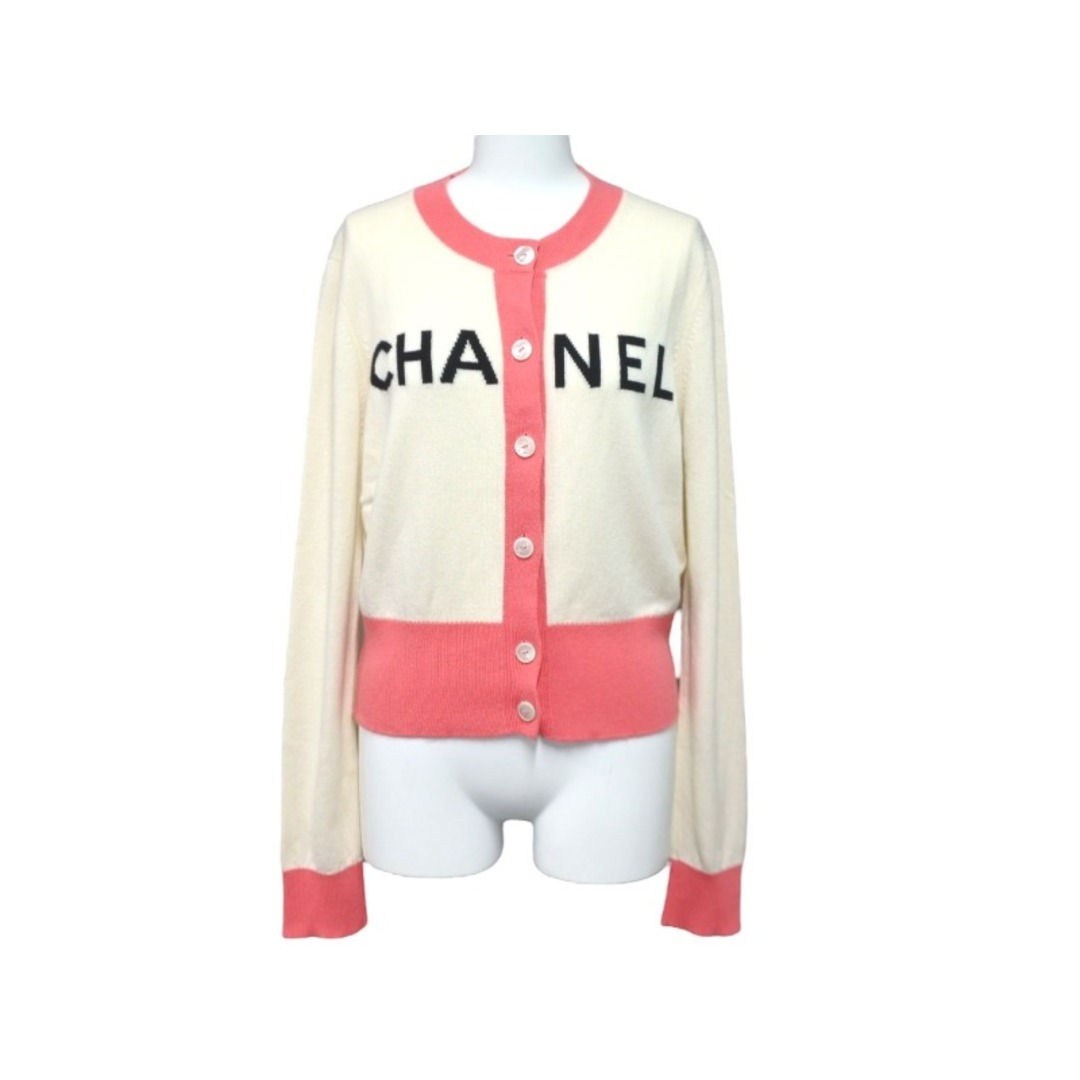 約35cm着丈CHANEL シャネル カーディガン P61427 ピンク ブラック アイボリー カシミア サイズ38 19ss 美品  59092