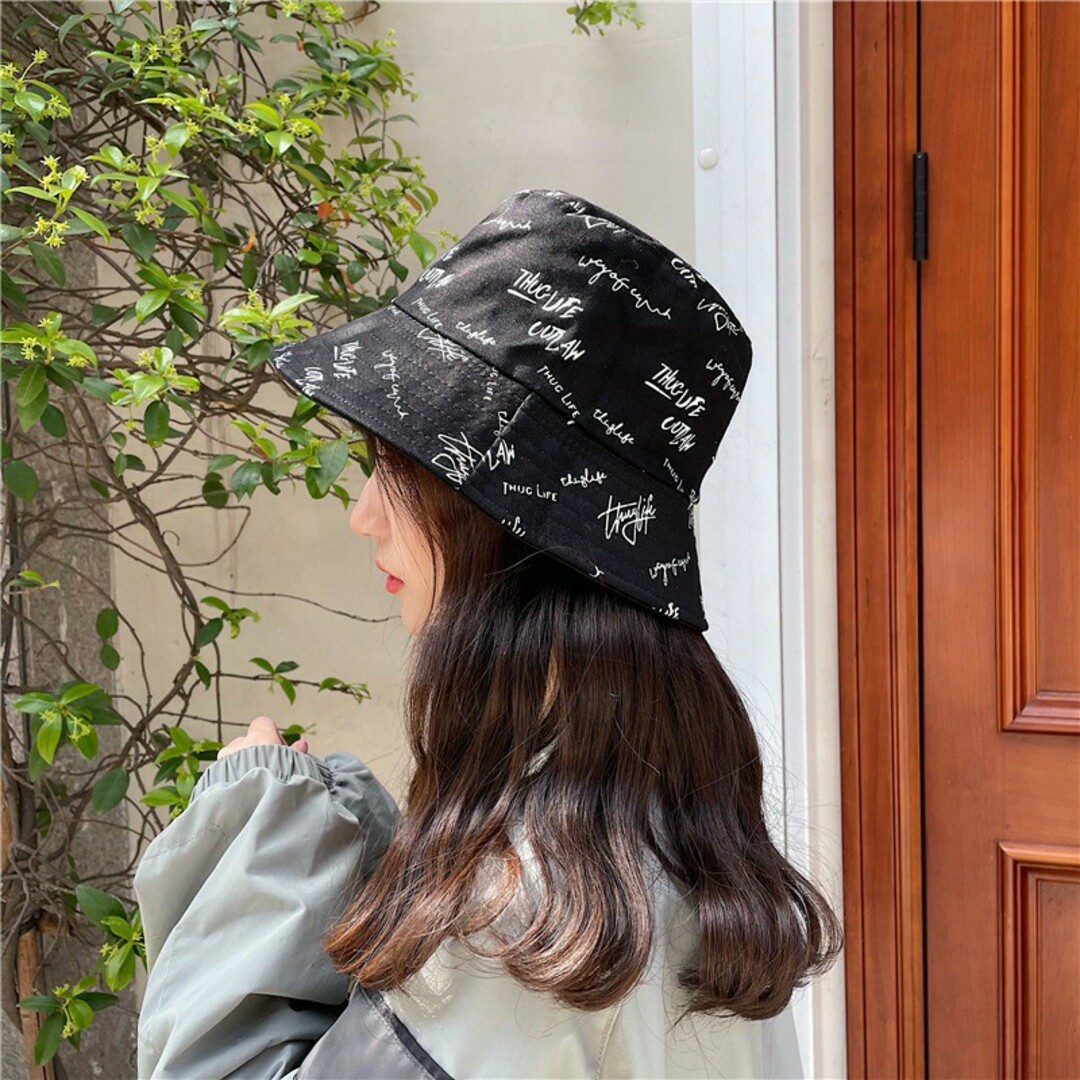 リバーシブル バケットハット 黒 ブラック 男女兼用 韓国 帽子 レディースの帽子(ハット)の商品写真