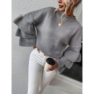 シーイン(SHEIN)の新品未着用SHEIN Essnce モックネック レイヤーフリル袖ニットMグレー(ニット/セーター)