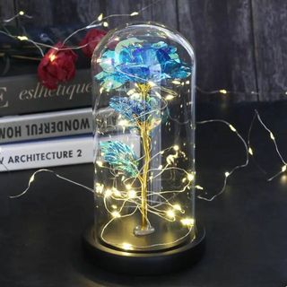 新品未使用☆ガラスドームのローズ☆ブルー☆LEDライトホイルフラワー☆(テーブルスタンド)