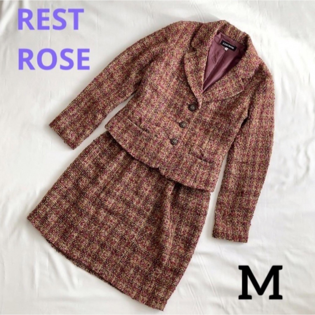 60着丈新品【REST ROSE】ツイード スカートスーツ M 冬 レッド おしゃれ