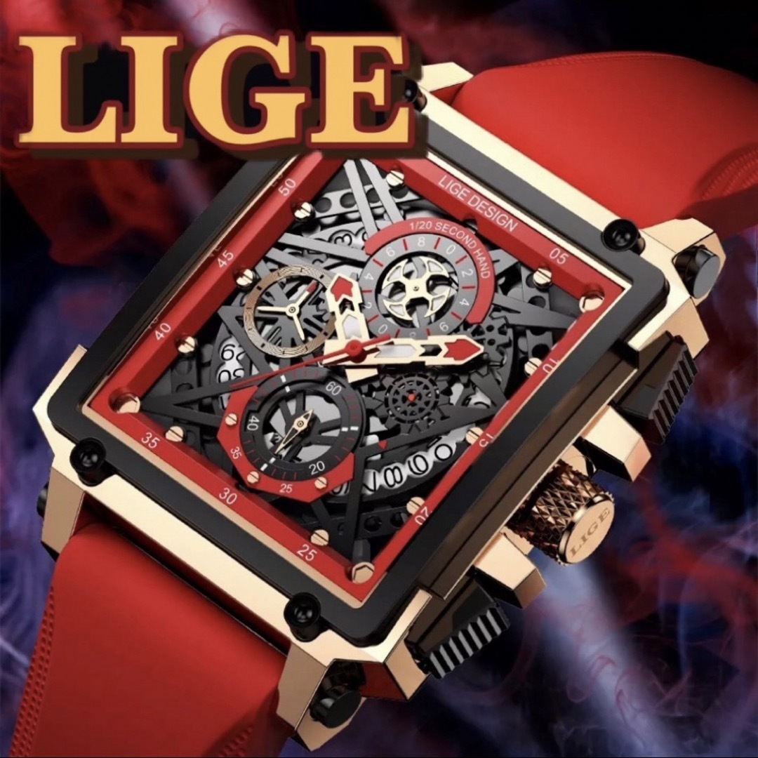 新品 LIGE クロノグラフスクエアウォッチ レッド シリコンバンドメンズ腕時計 メンズの時計(腕時計(アナログ))の商品写真