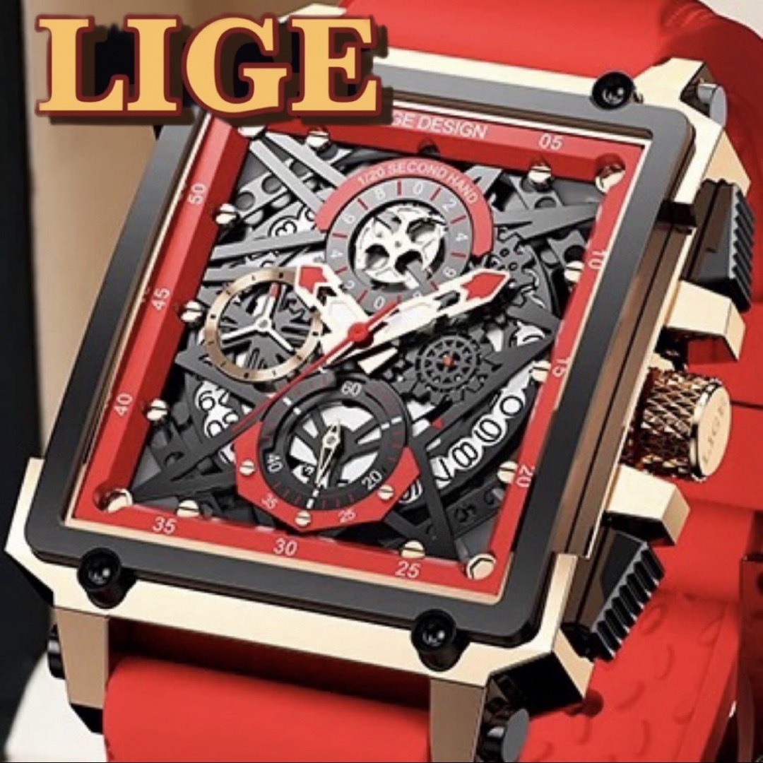 新品 LIGE クロノグラフスクエアウォッチ レッド シリコンバンドメンズ腕時計 メンズの時計(腕時計(アナログ))の商品写真
