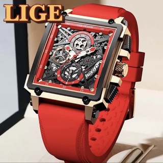 新品 LIGE クロノグラフスクエアウォッチ レッド シリコンバンドメンズ腕時計(腕時計(アナログ))