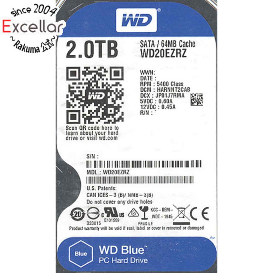 Western Digital(ウエスタンデジタル)のWestern Digital製HDD WD20EZRZ 2TB SATA600 スマホ/家電/カメラのPC/タブレット(PC周辺機器)の商品写真