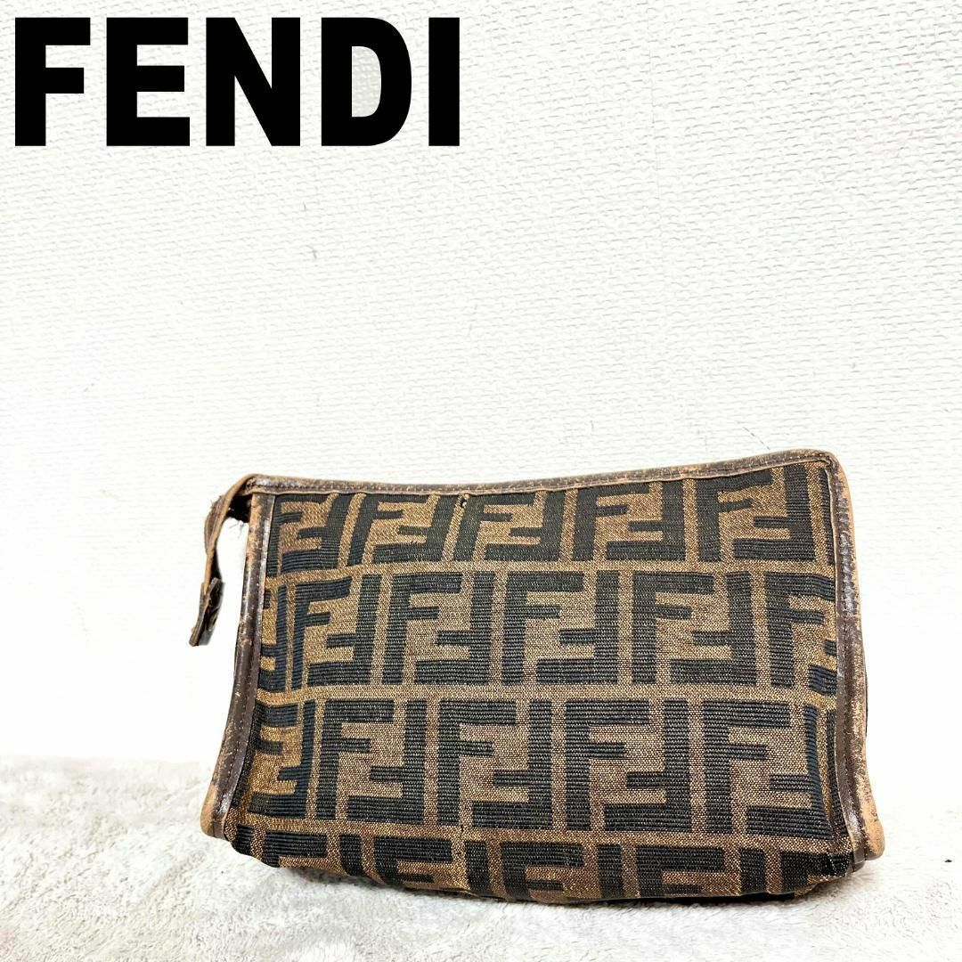 美品✨FENDI フェンディハンドバッグクラッチバッグブラウン総柄ロゴファスナータイプ内側