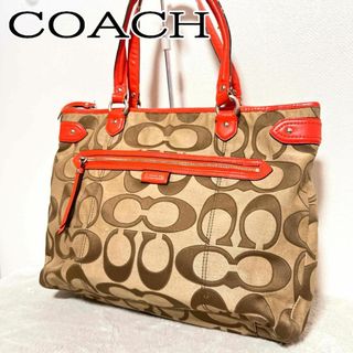 コーチ(COACH)の美品✨COACH コーチセミショルダーバッグトートバッグブラウンオレンジ総柄(ショルダーバッグ)