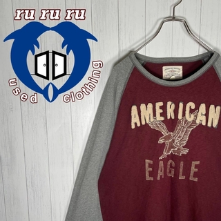 アメリカンイーグル(American Eagle)の[古着]ビンテージ　長袖　Tシャツ　ロンT　刺繍　アニマル　ラグラン　赤　グレー(Tシャツ/カットソー(七分/長袖))