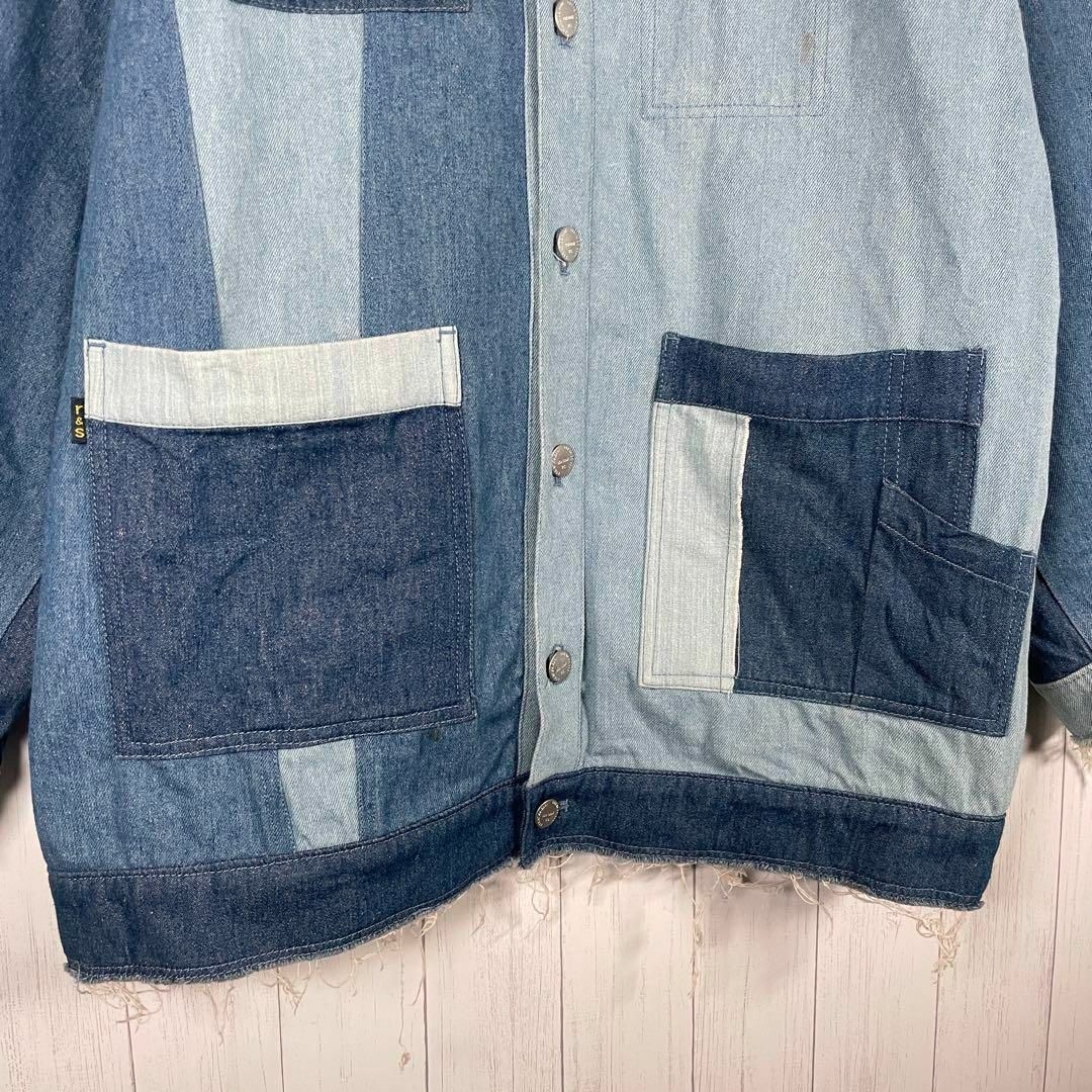 VINTAGE(ヴィンテージ)の[古着]ビンテージ　デニムシャツ　ノーカラー　ツギハギ　パッチワーク　刻印　青 メンズのトップス(シャツ)の商品写真