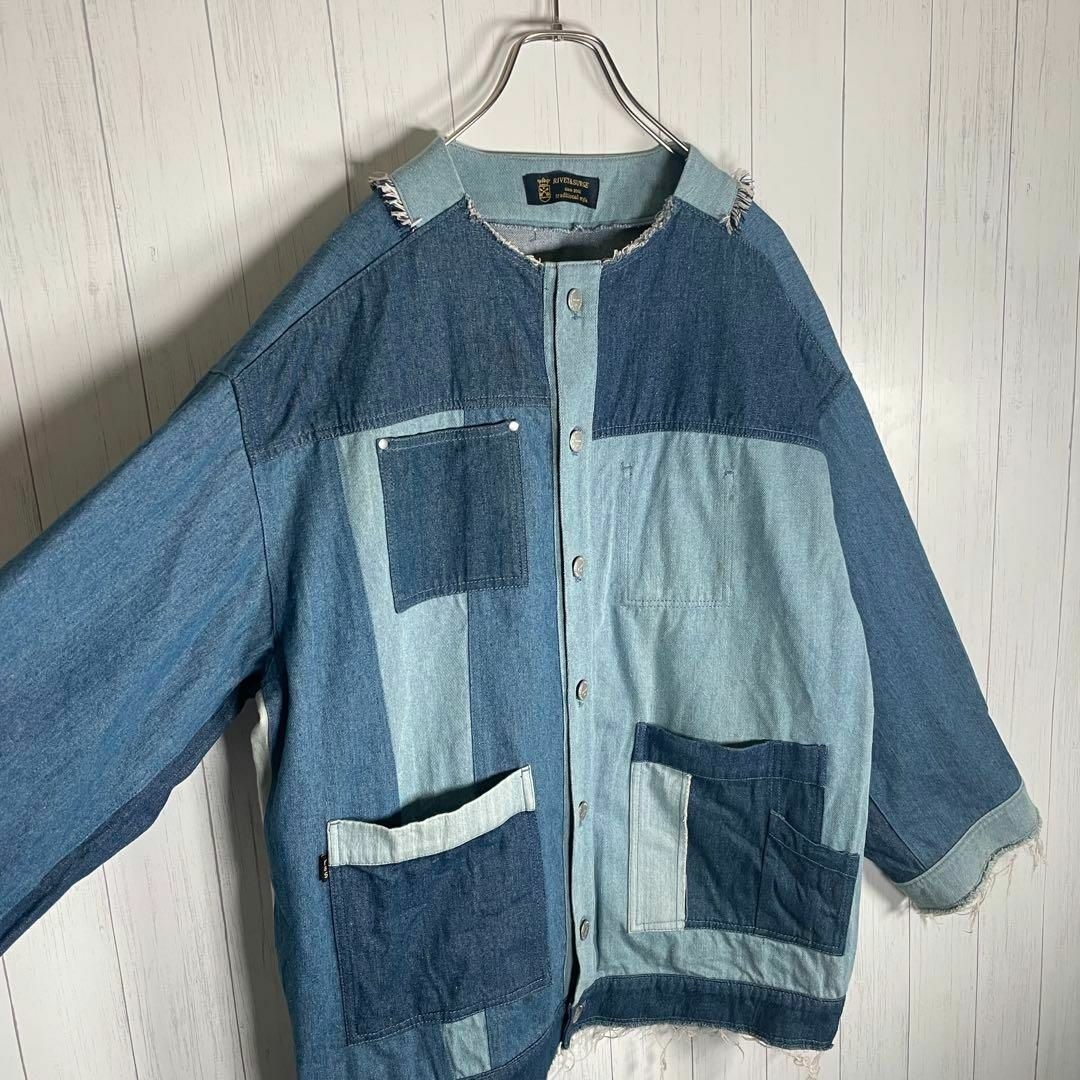 VINTAGE(ヴィンテージ)の[古着]ビンテージ　デニムシャツ　ノーカラー　ツギハギ　パッチワーク　刻印　青 メンズのトップス(シャツ)の商品写真