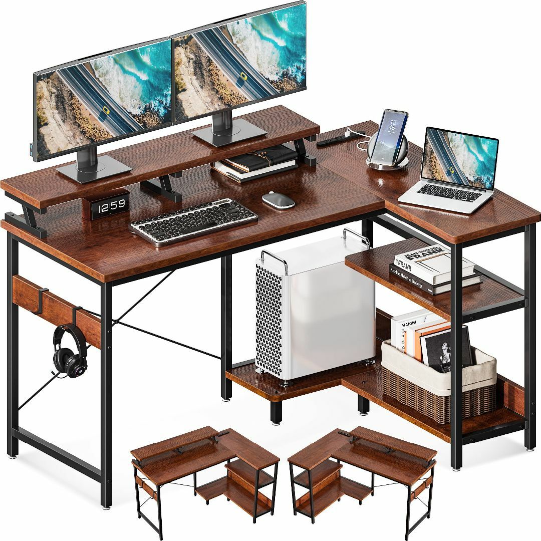 【色: ブラウン】ODK パソコンデスク L字型 ゲーミングデスク 机 幅120オフィス家具