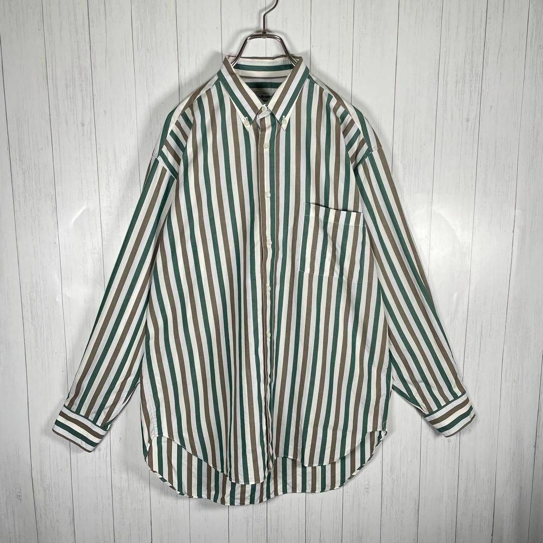 VINTAGE(ヴィンテージ)の[古着]ビンテージ　長袖　BDシャツ　ストライプ　マルチパターン　緑　茶色　白 メンズのトップス(シャツ)の商品写真
