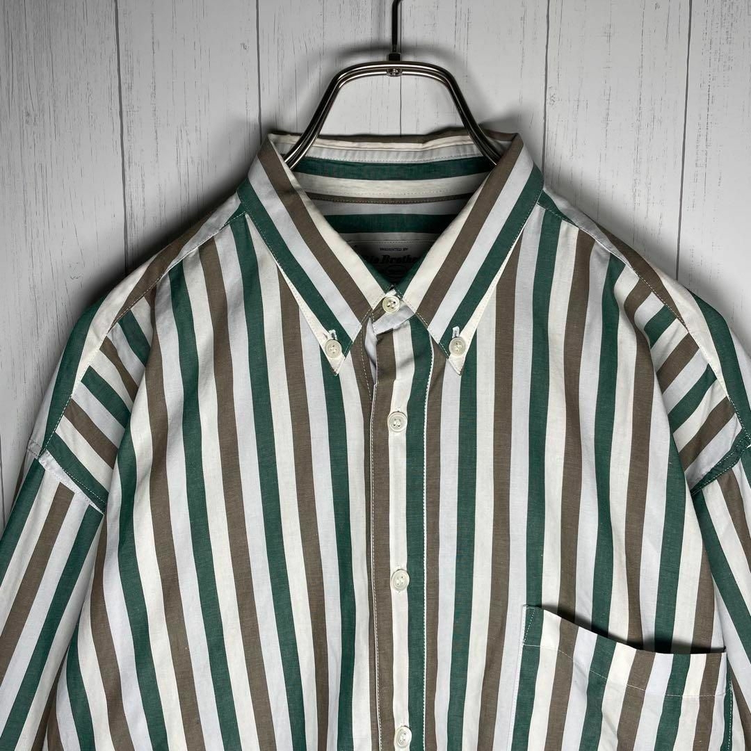 VINTAGE(ヴィンテージ)の[古着]ビンテージ　長袖　BDシャツ　ストライプ　マルチパターン　緑　茶色　白 メンズのトップス(シャツ)の商品写真