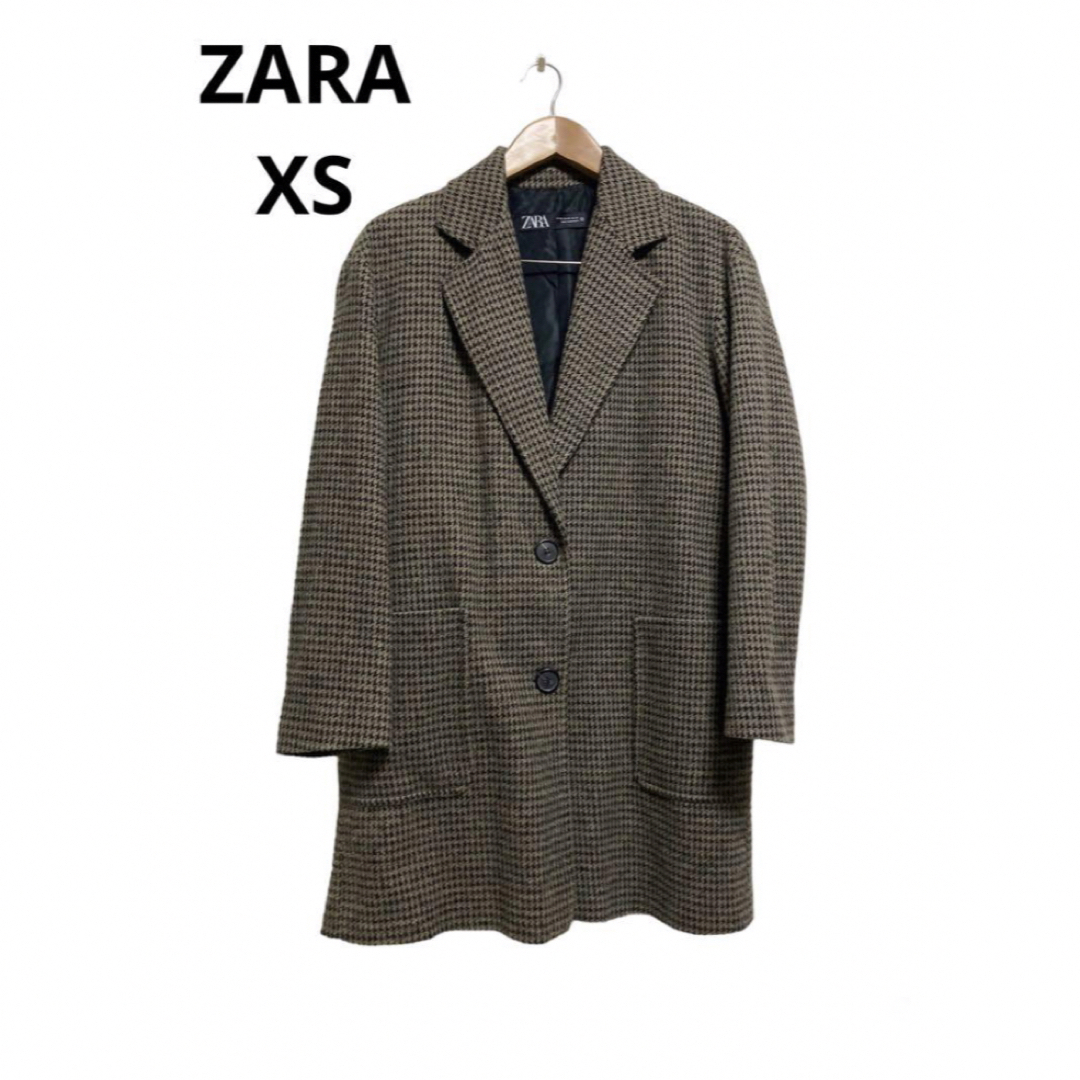 ZARA(ザラ)のZARA メンズ　チェスターコート　XS  ブラウン　千鳥柄　コットン100% メンズのジャケット/アウター(チェスターコート)の商品写真