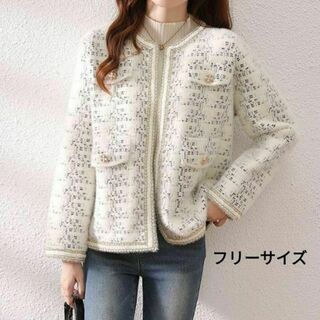 ノーカラ　白　ホワイト　おしゃれ　かわいい　きれいめ　韓国ファッション　上品(ノーカラージャケット)