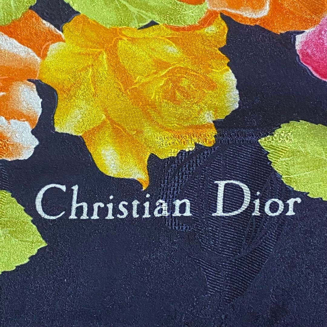 美品 ★Dior★ スカーフ 大判 花 バラ 地紋 人物 シルク ネイビー