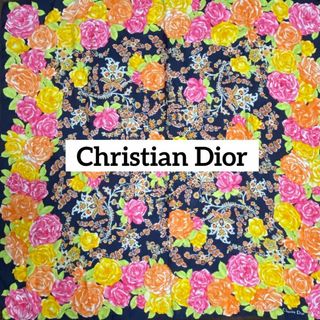 クリスチャンディオール(Christian Dior)の美品 ★Dior★ スカーフ 大判 花 バラ 地紋 人物 シルク ネイビー(バンダナ/スカーフ)