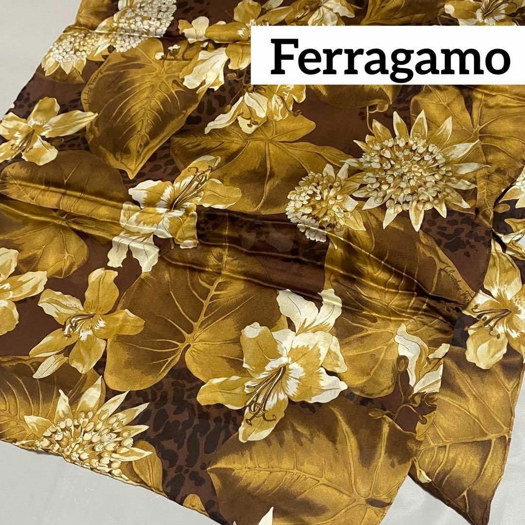 極美品 ★Ferragamo★ ロングスカーフ 草花 シルク ブラウン ケース付MercatoPecora