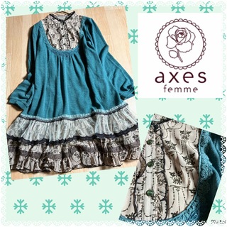 アクシーズファム(axes femme)のアクシーズファム★美品★フロッキー★レイヤードデザイン★ニットワンピース★フリル(ひざ丈ワンピース)