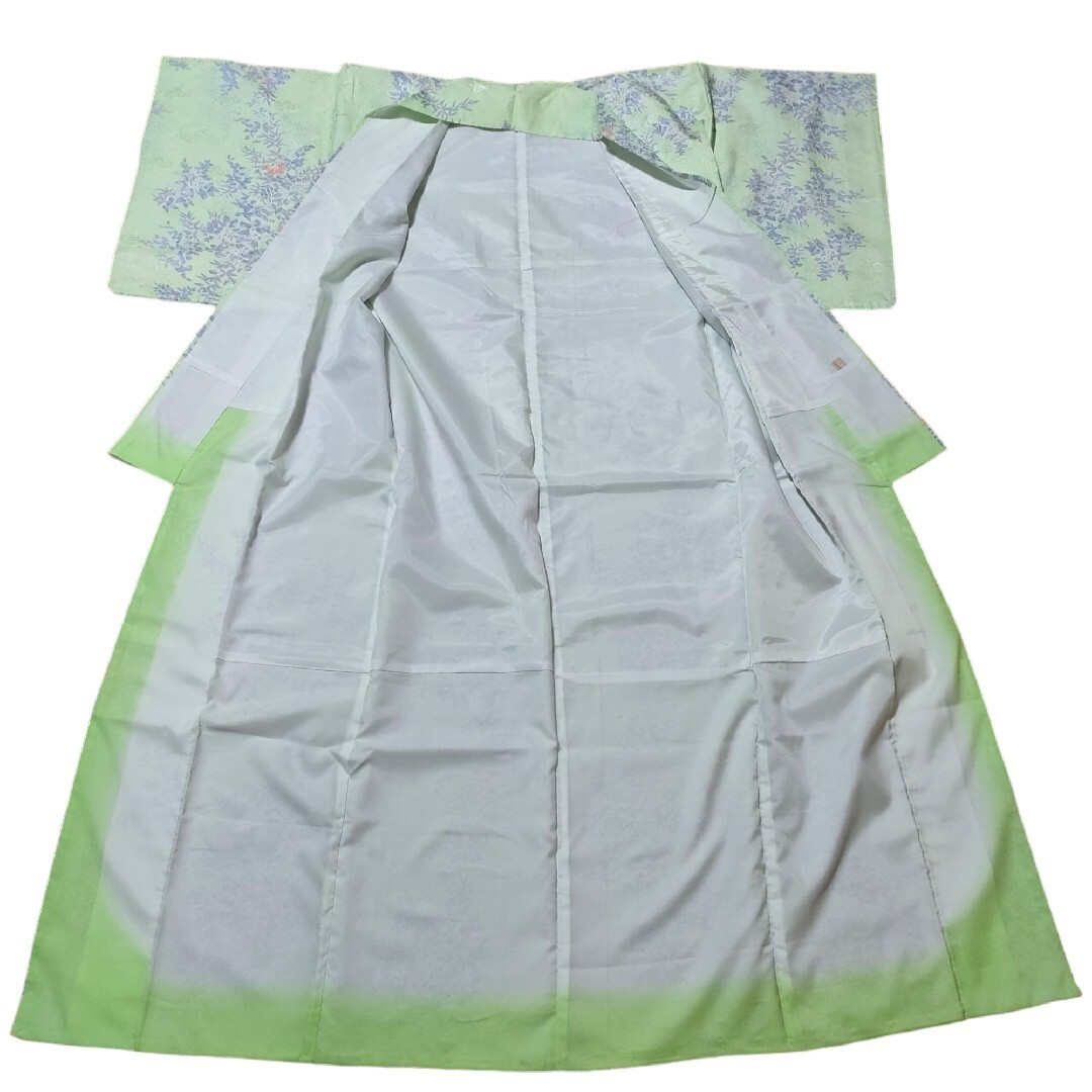 洗える着物あわせ袷Lサイズ身丈162裄64草花柄ボタニカル爽やかな黄緑化繊 レディースの水着/浴衣(着物)の商品写真