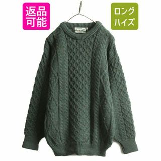 アイルランド製 aran crafts フィッシャーマン ニット セーター メンズ S / 古着 ウール アラン ケーブル クルーネック 無地 ローゲージ 緑(ニット/セーター)