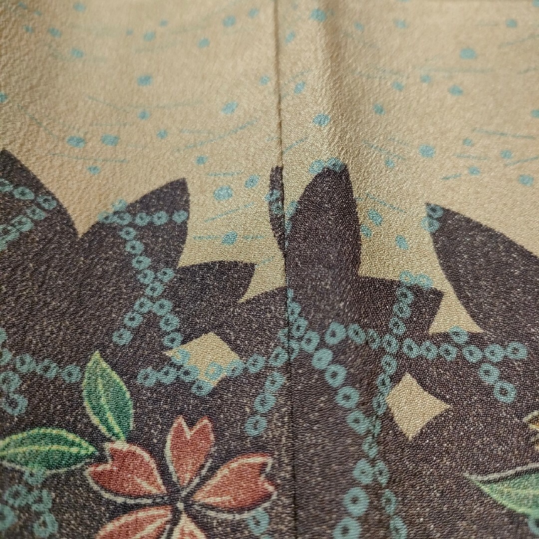 洗える着物袷Sサイズ桜サクラ菊キク籠目ボーダー横縞裏地可愛い化繊イエロー黄土色 レディースの水着/浴衣(着物)の商品写真