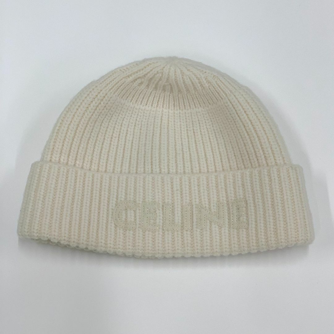 celine(セリーヌ)の8472 セリーヌ ロゴ ウール ニットキャップ 帽子 ホワイト レディースの帽子(ニット帽/ビーニー)の商品写真